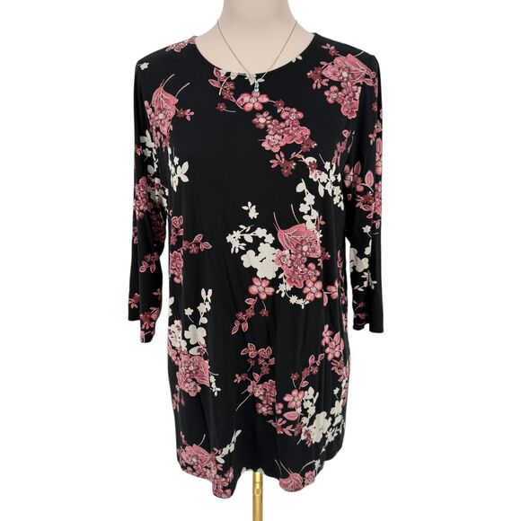 J. Jill Floral Tunic Top Size MEDIUM Wearever Black Blossom Pleated 3/4 Sleeve - Picture 3 of 13